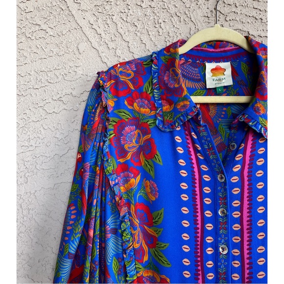 FARM RIO Blue & Red Tropical Floral Macaw Flight Ruffle Long Sleeve Shirtdress L - Picture 2 of 13
